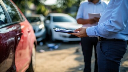 Close-up of a car accident scene, with insurance agent taking notes and drivers discussing coverage