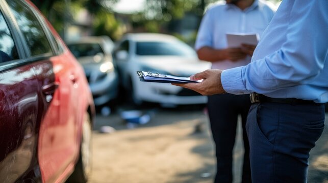 Close-up of a car accident scene, with insurance agent taking notes and drivers discussing coverage
