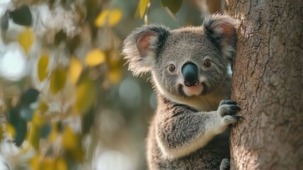 Naklejka premium Close-up of a koala resting in eucalyptus foliage perfect for nature and wildlife photography