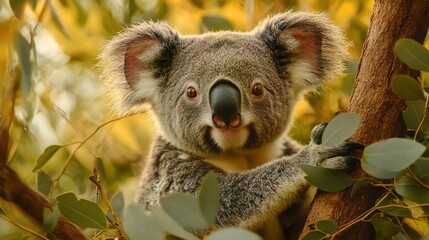 Obraz premium Detailed view of a koala in eucalyptus leaves perfect for wildlife and nature-themed images