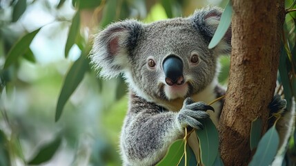 Obraz premium Koala hugging a eucalyptus tree ideal for capturing the charm of native animals