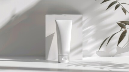 A tube of cream sits next to a plant on a table