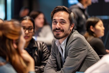 Obraz premium A person leading a discussion or presentation with a group of people seated around a table