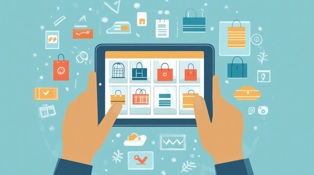 Hands holding a tablet with an online storefront, browsing various products with detailed descriptions