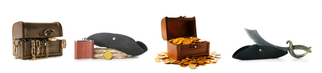 Set of pirate attributes on white background