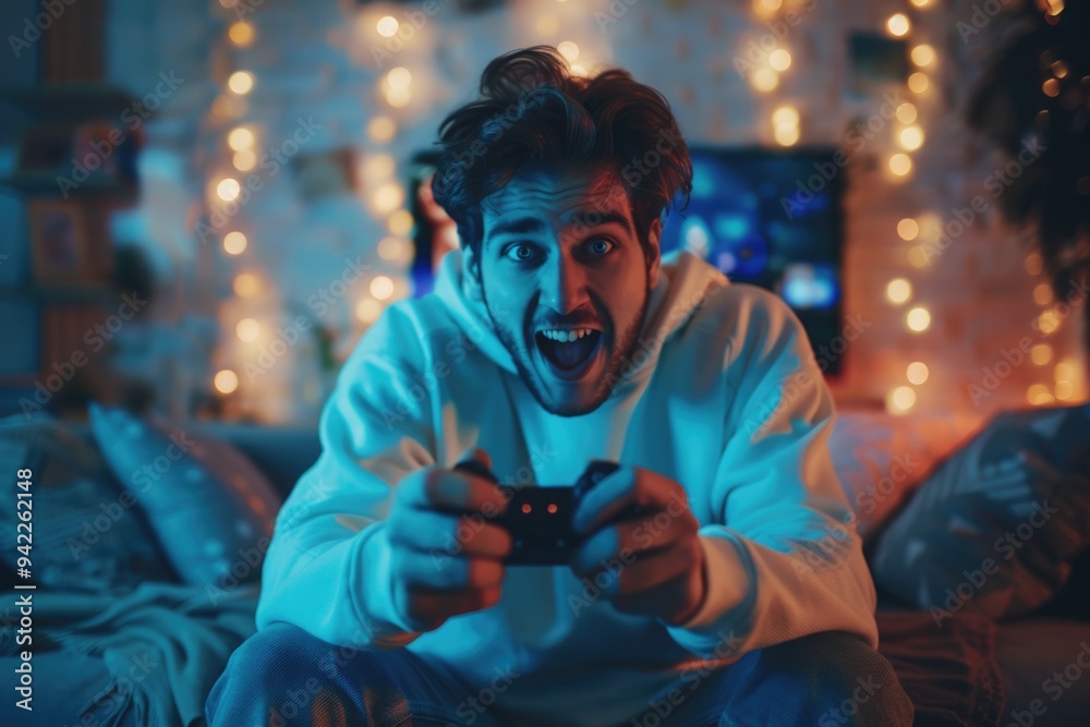 Poster a person sits on a couch playing a video game, relaxed and focused