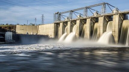 A large dam with water rushing over the spillway.