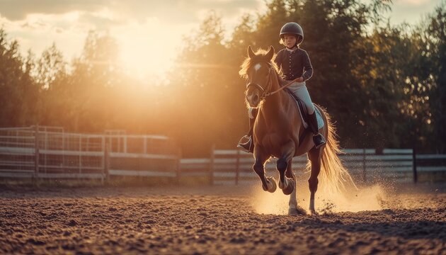 Child enjoying a ride on a horse at an equestrian club during kids sports activities