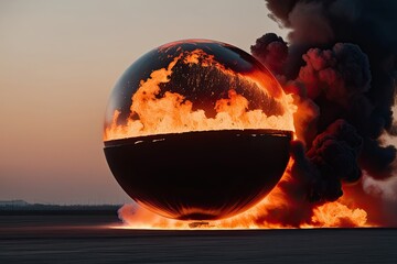 Massive Fireball Producing Black Smoke and Intense Explosion on Clear Background