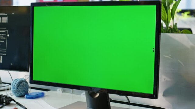 Green screen computer standing table at office room closeup. Worker hands typing
