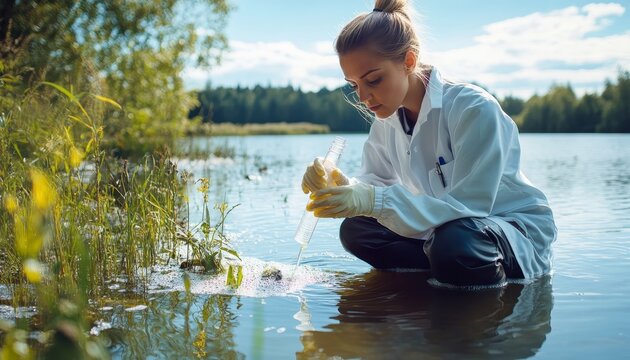Female biologist collecting water samples near lake for environmental testing and analysis