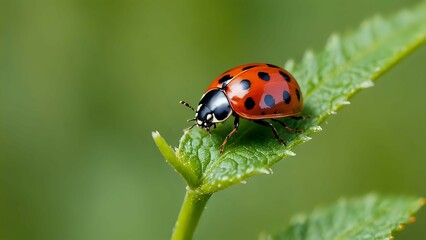 A ladybug perched on a green leaf in a natural setting.