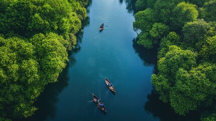 Fototapeta premium Aerial view of a serene river with fishermen in small boats casting lines, surrounded by lush greenery