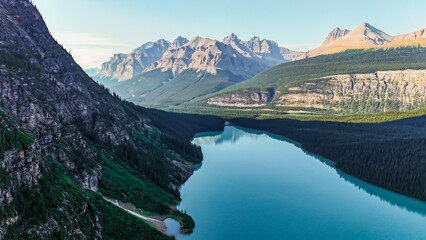 Rocky Mountains, Canada. Top cinematic aerial view. Chephren Lake, Jasper National Park, Alberta. 4K drone footage. Canadian wild nature and landscape from above