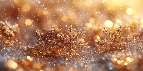 Golden snowflakes shimmer on a glittering background with falling snow.