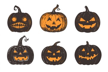 Stylized jack-o'-lantern set with black and orange pumpkins featuring spooky expressions and distressed textures