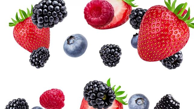 Falling Mixed Berries with Isolated White Background - High-Quality Stock Video, Blueberry, Blackberry, strawberry, raspberry on white background