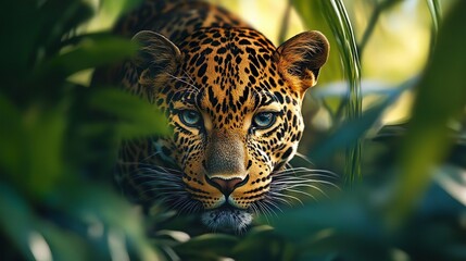 Close-up of a leopard among lush greenery ideal for highlighting the allure of wild felines