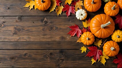 Autumn pumpkins and fall leaves on a rustic wood background.
