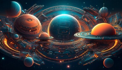 Futuristic planet system with exoplanets in space. Space-themed digital collage. Generated image