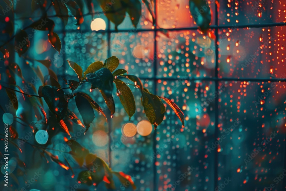 Poster a window with raindrops glistening and a tree branch in the foreground, perfect for weather or natur