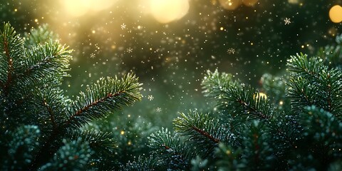 A magical Christmas scene with snow falling on pine branches.