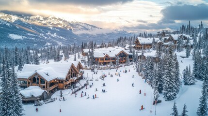 Aerial shot of a winter resort with cozy cabins, where guests are enjoying skiing and other winter activities
