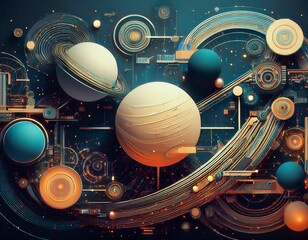 Futuristic planet system with exoplanets in space. Space-themed digital collage. Generated image
