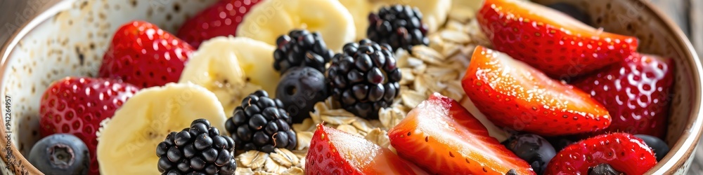 Canvas Prints Nutritious Fruit Bowl Featuring Strawberries, Bananas, and Blackberries atop a Layer of Oats