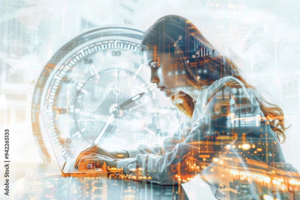 Aufkleber A woman sits in front of a computer with a clock visible in the background, providing context for timing and deadlines