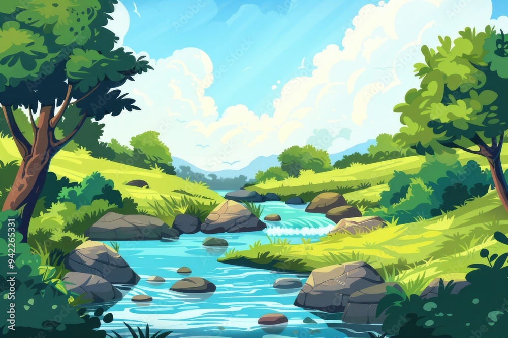 Aufkleber a serene scene of a river flowing through a dense and vibrant green forest, ideal for use in travel 