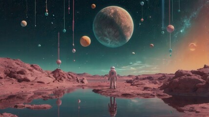Wallpaper with a retro futuristic sci-fi theme. Astronaut and astronauts exploring planets in outer space. Generative Image
