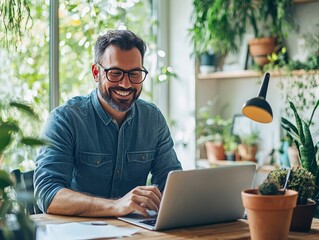 Joyful entrepreneur developing a business strategy while using a laptop in a bright home office