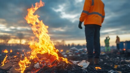 Burning garbage in a foggy park at twilight, with the sun setting behind thick mist.