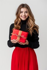Fototapeta premium A stylish woman in black attire holds a red gift box, spreading joy and cheer for the Christmas celebration with her bright and festive appearance. She adds a touch of elegance with her attire