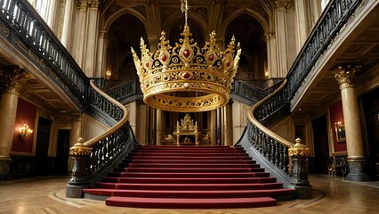 Fototapeta premium A grand staircase with a golden crown hanging above, leading up to a throne room.