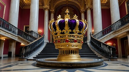 A large golden crown sits on a pedestal at the bottom of a grand staircase in a luxurious building.