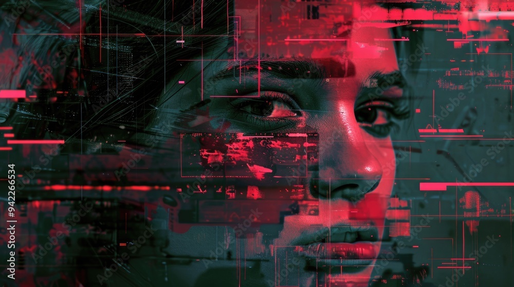 Poster a close-up of a woman's face with a bold red and black abstract design as the background
