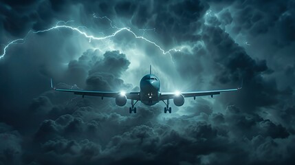 An airplane flying through a stormy sky with lightning and dark clouds.