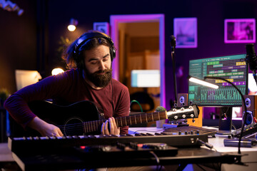 Producer composing music with his acoustic guitar in home studio, recording acoustical tunes on strings and singing melody. Audio engineer mixing and mastering his song with production gear.