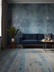 Worn effect wall in pastel blue and deep blue in a modern living room with light wooden floor and large window