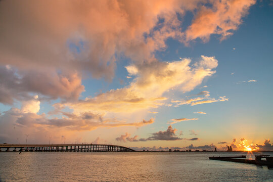 USA, Texas, Cameron County. South Padre Island, Port Isabel, South Padre Island Causeway, morning clouds.