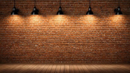 Brick wall with wooden floor and hanging lamps.