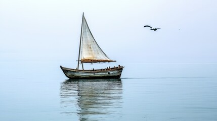 Fototapeta premium A small sail boat floating in the water with a seagull flying above, AI