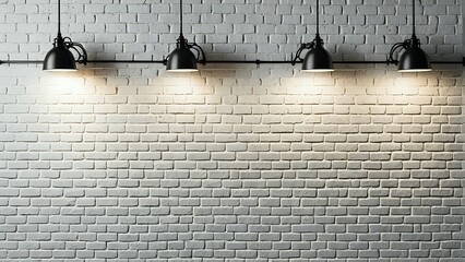 White brick wall with four black pendant lights.