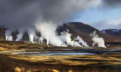 Geothermal power plant with steam rising from the ground.