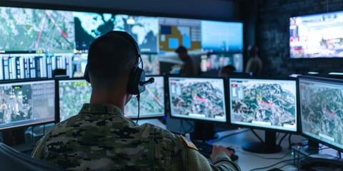 Personnel in a high-tech military operations center, monitoring real-time data