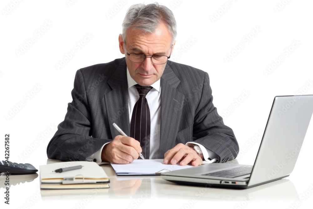 Poster Man working at desk with technology and writing tools, ideal for office or business settings
