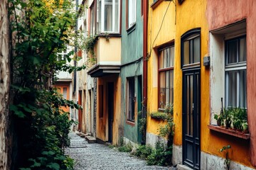 Charming vintage home exterior in a european neighborhood   classic architecture postcard view