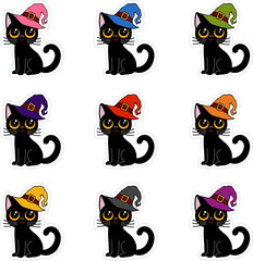 Set of stickers with black cats wearing multicolor vintage hats on halloween on white background in cartoon style vector image.